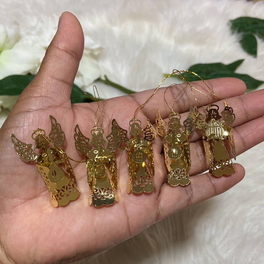 Vintage Gold Tone Filigree Angel Feather tree Christmas Ornaments 5 Pc Set